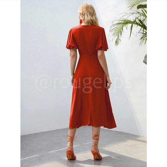 Burnt Orange V-Neck Midi Dress Fit and Flare Butterfly Sleeve Faux Button Front - Picture 4 of 12